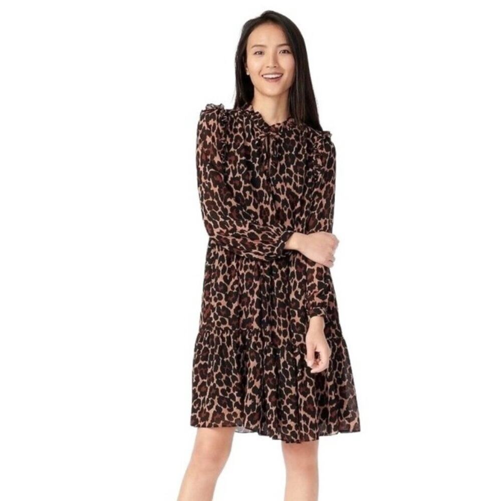 J.Crew Animal Print Tie Neck Tiered Dress Sz.M
